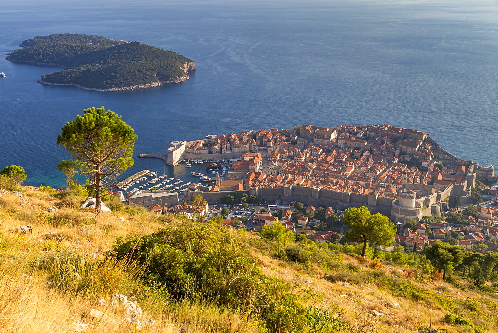 Elevated view over the old town of Dubrovnik and Lokrum Island from the hiking trail up to the lookout atop Srd hill, Dubrovnik, Croatia, Europe