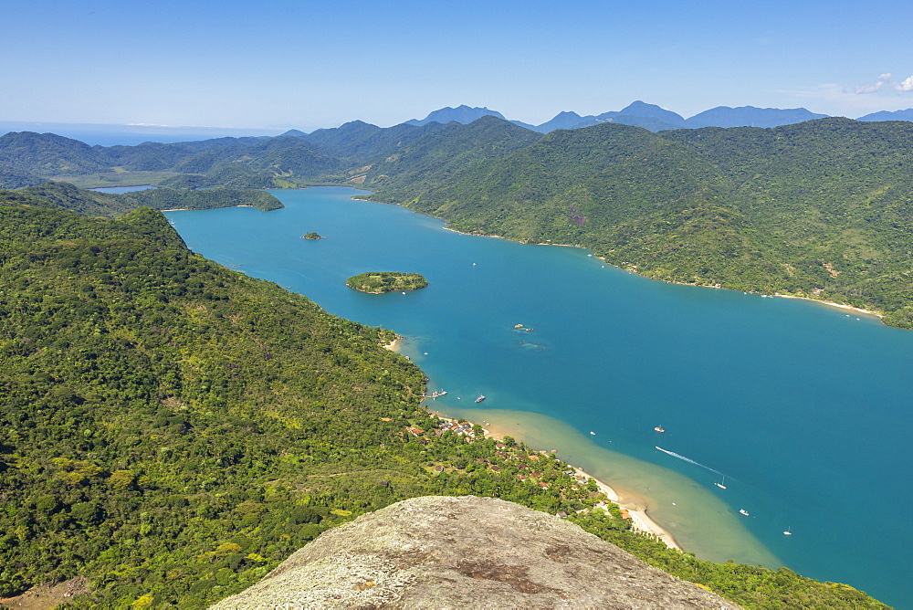 Elevated view from Sugar Loaf peak over the fjord-like bay, Saco do Mamangua, Paraty, Rio de Janeiro, Brazil, South America