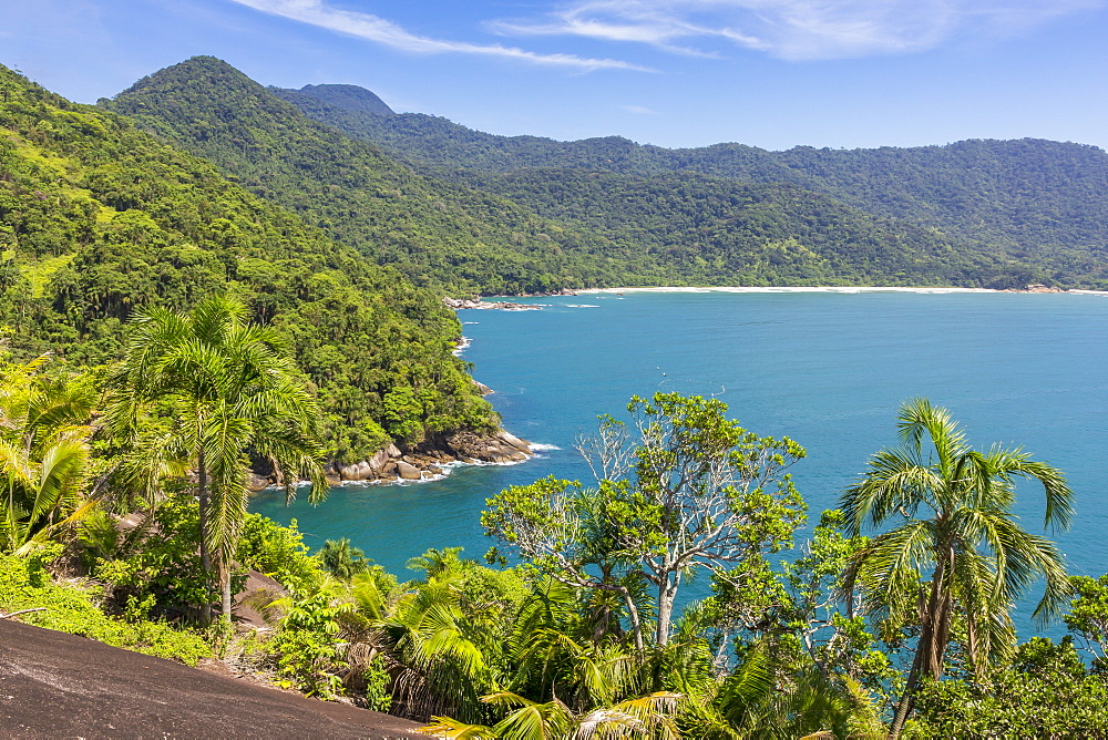 Elevated view from Indians Head Rock (Pedra Cabeca do Indio) over Cachadaco Beach, Trindade, Paraty, Rio de Janeiro, Brazil, South America