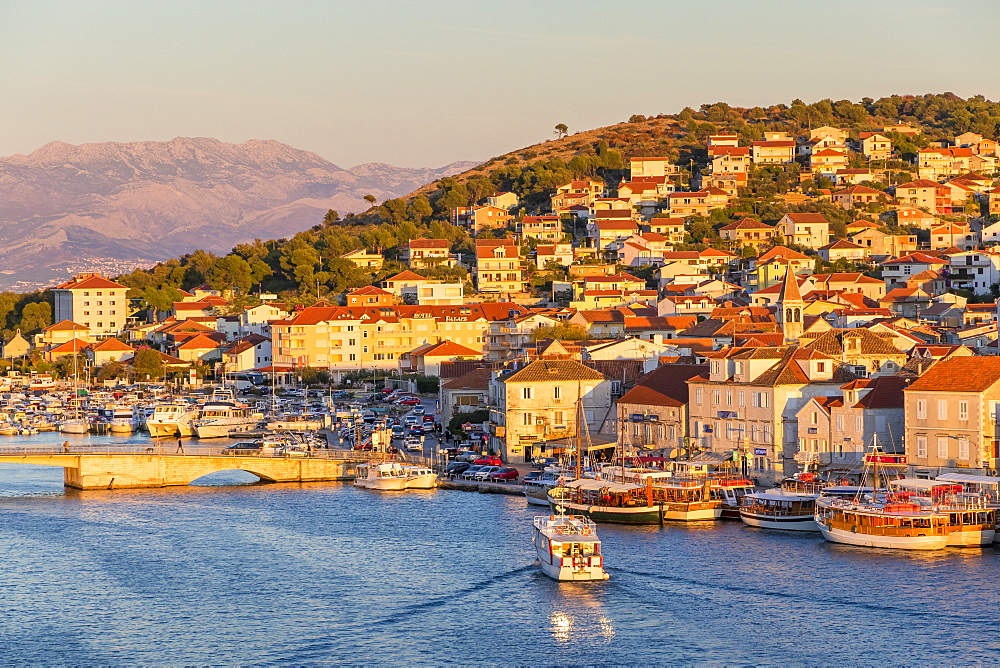 View from the Kamerlengo Castle over Ciovo Island at sunset, Croatia, Europe