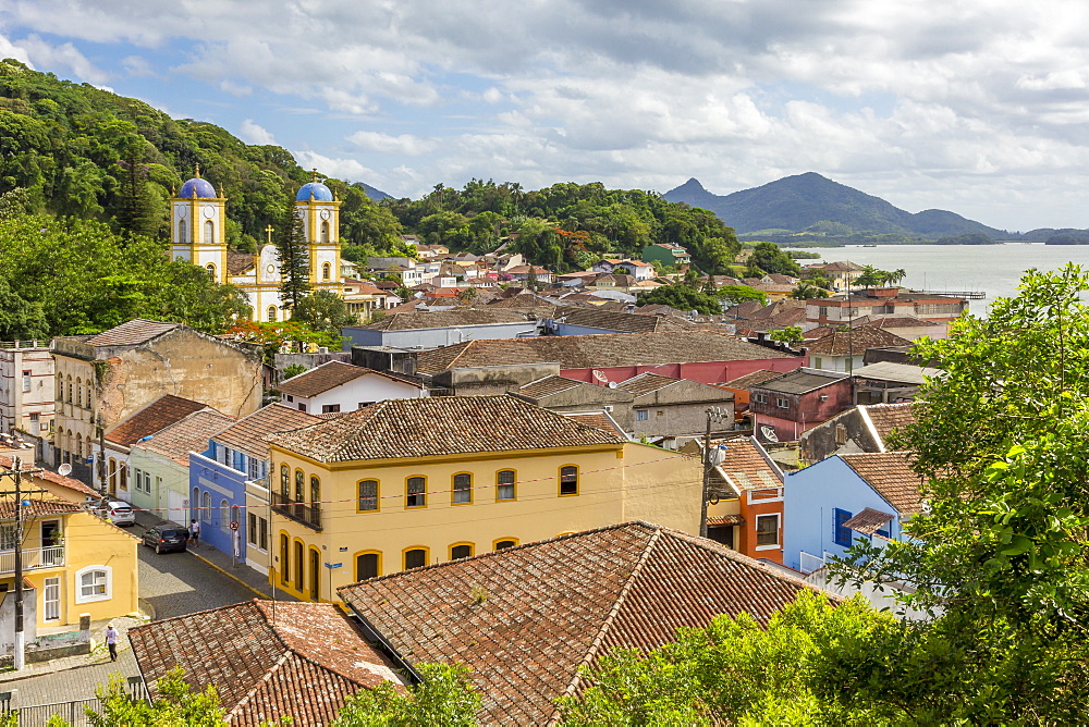 Elevated view from the municipal ecological park over the historical centre, Sao Francisco do Sul, Santa Catarina, Brazil, South America