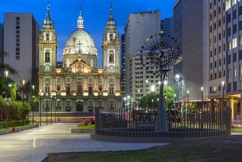 Illuminated Candelaria Church at dusk, Rio de Janeiro, Brazil, South America