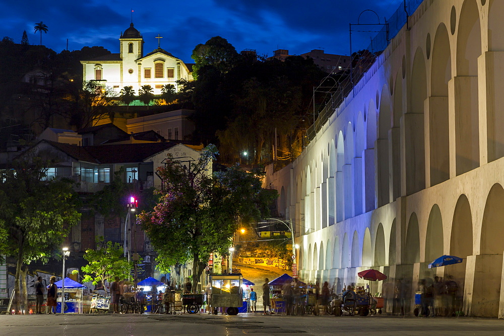 Night shot of the Lapa Arches and the Santa Teresa convent, Rio de Janeiro, Brazil, South America