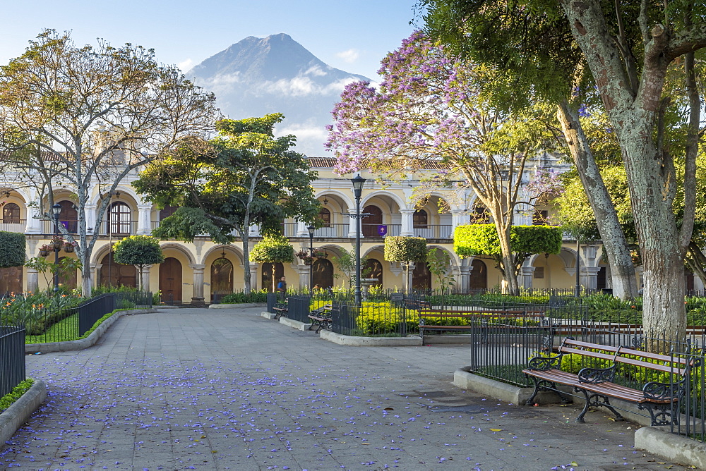 View from the main square to the Agua Volcano, Antigua, Sacatepequez, Guatemala, Central America