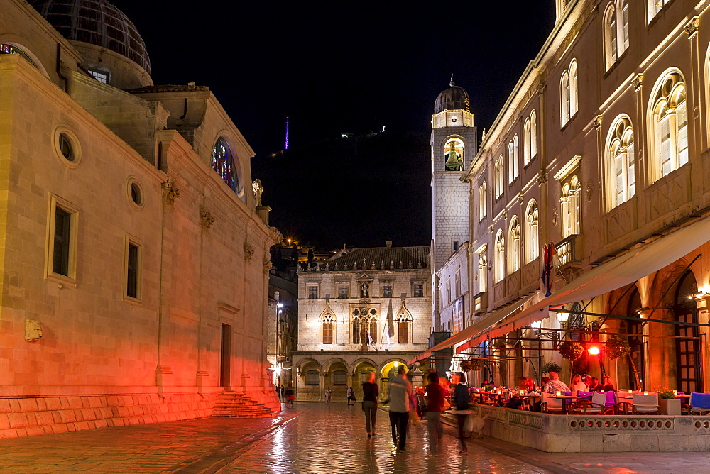 Night shot of the bell tower at Stradun, Dubrovnik, Croatia, Europe