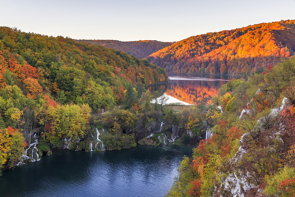 Elevated view over the Lower Lakes at sunrise inside Plitvice Lakes National Park during autumn, UNESCO World Heritage Site, Croatia, Europe