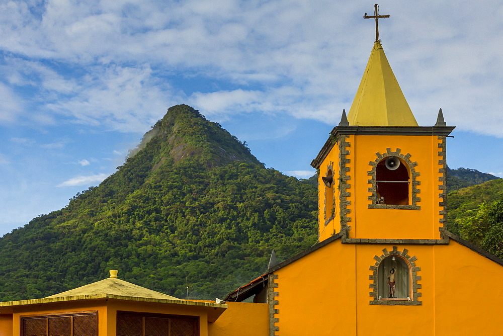 The Church of San Sebastian and the Parrot Peak (Pico do Papagaio), Vila do Abraao, Ilha Grande, Rio de Janeiro, Brazil, South America