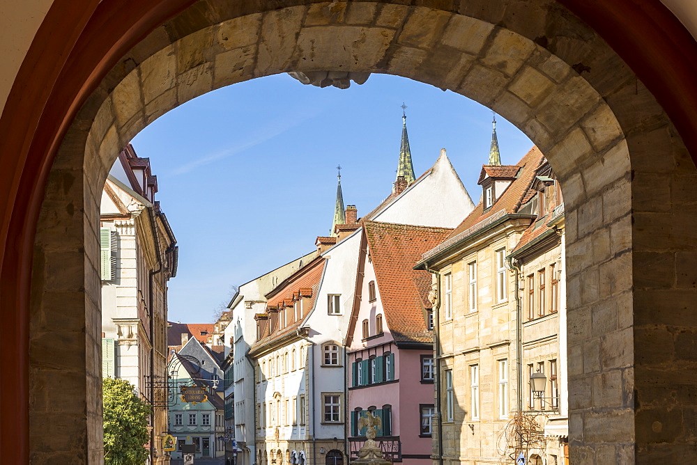 View from the gate of the old town hall, Bamberg, UNESCO World Heritage Site, Upper Franconia, Bavaria, Germany, Europe