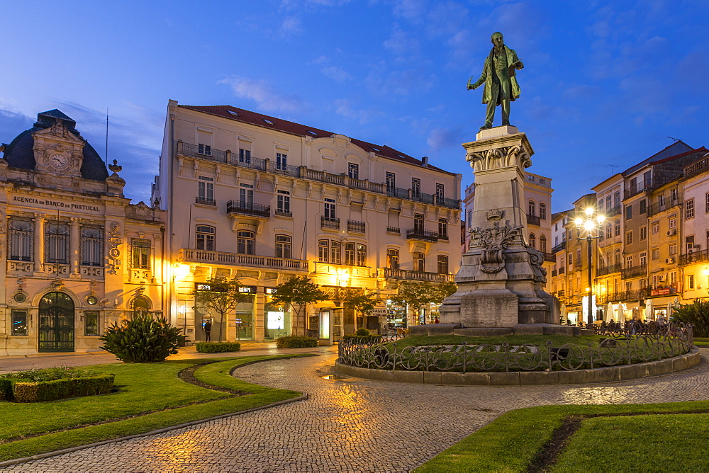 Joaquim Antonio de Aguiar Monument and Bank of Portugal Building at Portagem Square, Coimbra, Portugal, Europe