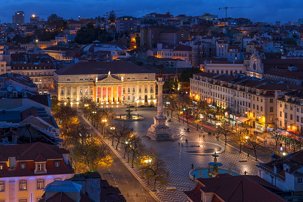 View from Santa Justa Lookout over Rossio Square (Pedro IV Square) at dusk, Lisbon, Portugal, Europe