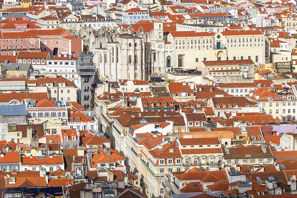 View from Sao Jorge Castle to the Santa Justa Elevator and the Carmo Convent, Lisbon, Portgual, Europe