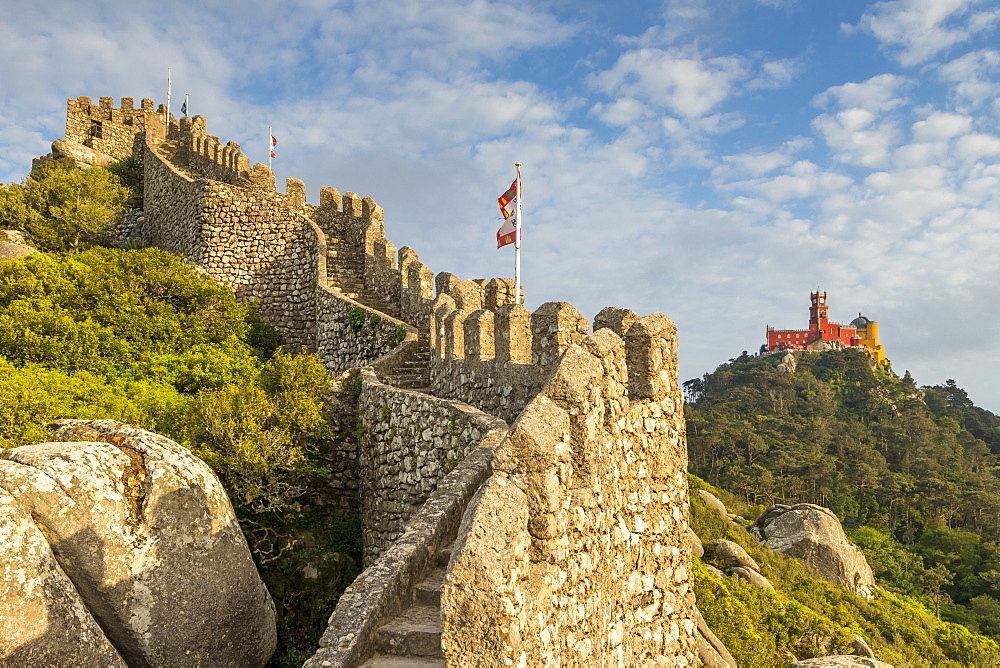 View from the Moorish Castle to Pena Palace, Sintra, Portugal, Europe