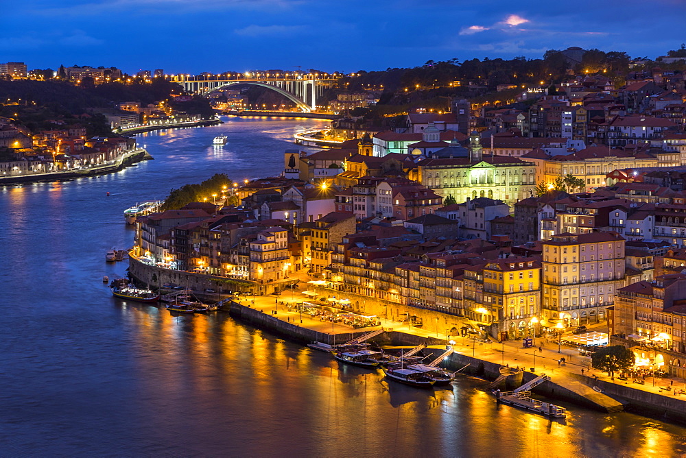 View over the old town from Serra do Pilar Monastery at dusk, Porto, Portugal, Europe