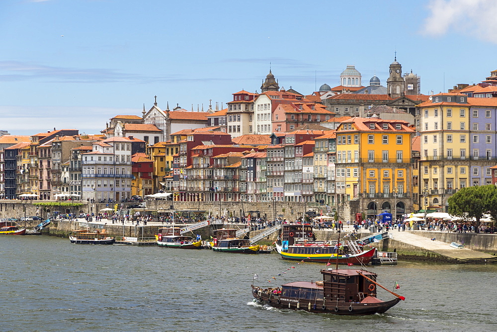 View from Douro River to the historical Ribeira Neighborhood, UNESCO World Heritage Site, Porto, Portugal, Europe