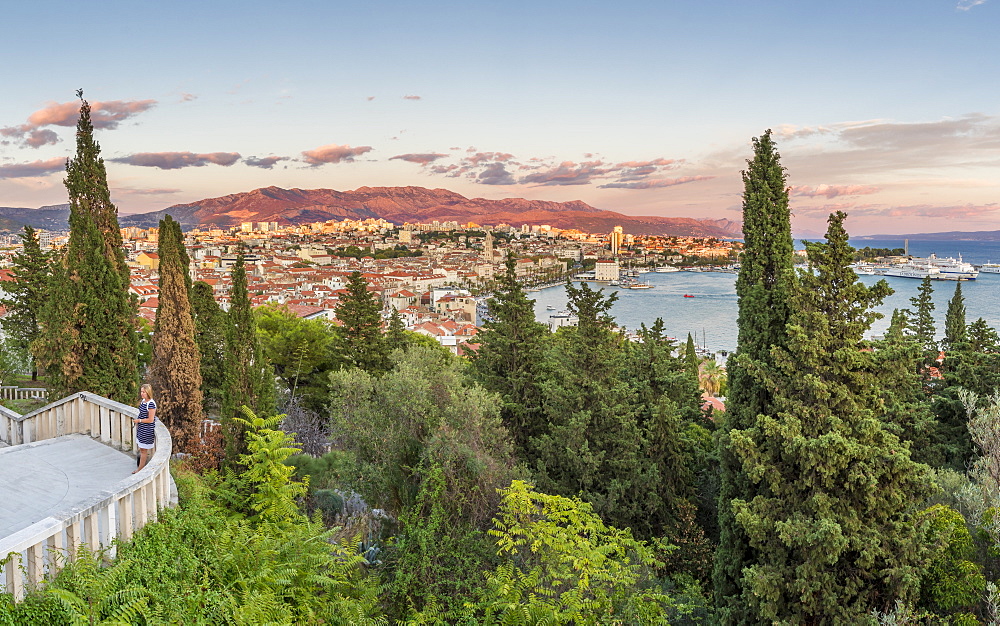 View from Marjan Hill over the old town at sunset, Split, Croatia, Europe