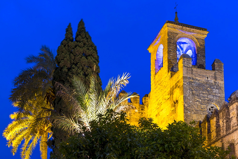 Illuminated tower of the Alcazar de los Reyes Cristianos at dusk, UNESCO World Heritage Site, Cordoba, Andalusia, Spain, Europe