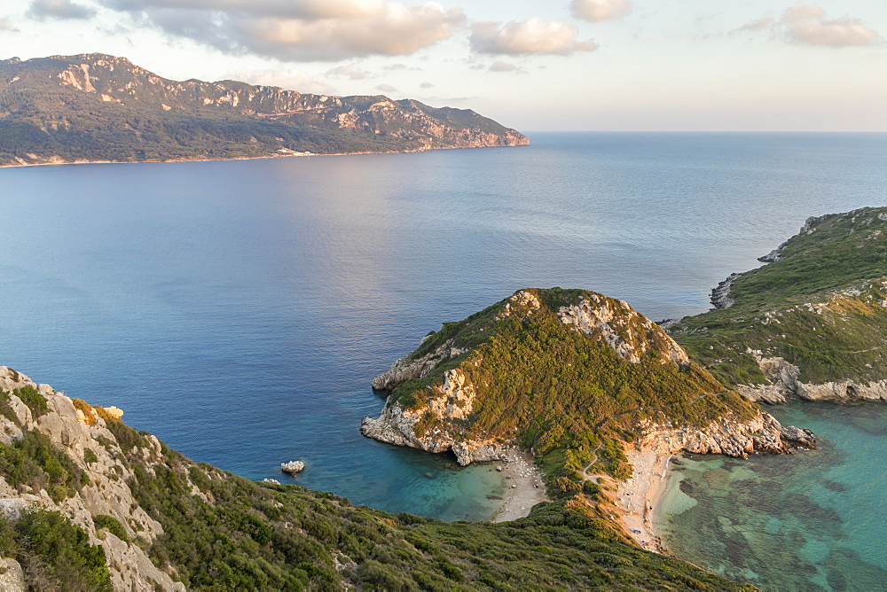 Elevated view from a lookout over the Porto Timoni Double Bay at sunset, Afionas, Corfu, Greek Islands, Greece, Europe