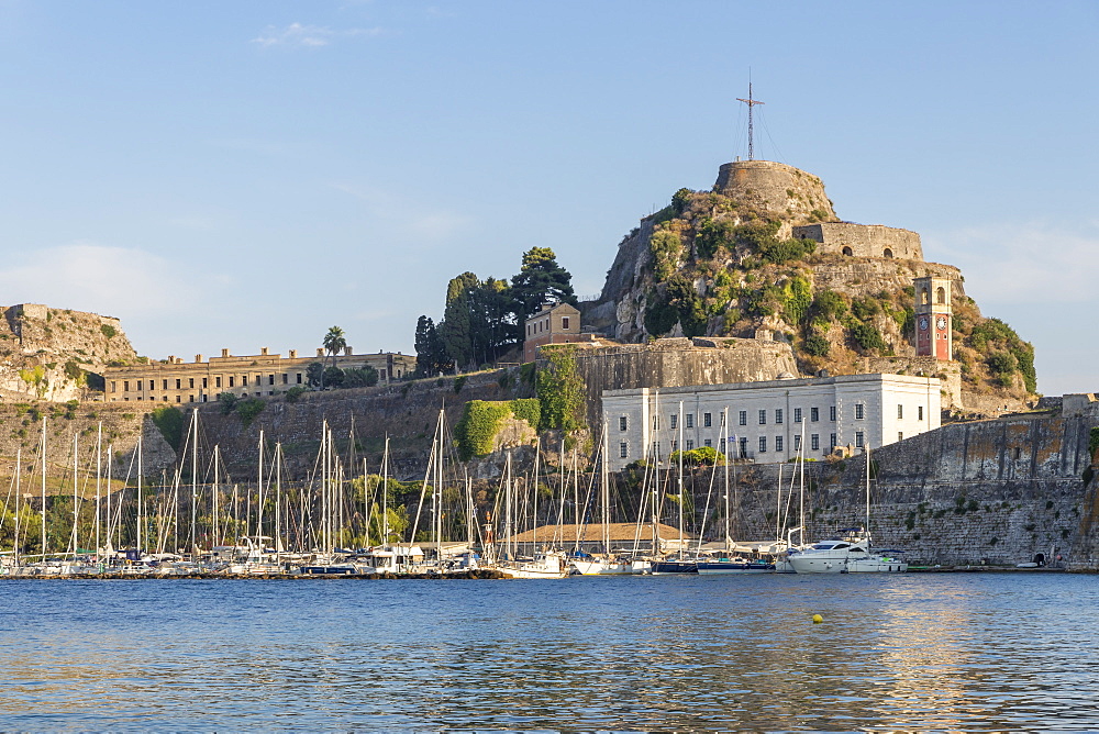 The old fortress of Corfu Town (Kerkyra) seen from Faliraki Beach, Corfu, Greek Islands, Greece, Europe