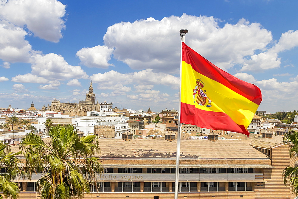 View from the Golden Tower (Torre del Oro) to the Cathedral, Seville, Andalusia, Spain, Europe