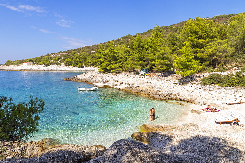 Elevated view over Mekicevia Beach near Hvar Town, Hvar, Croatia, Europe