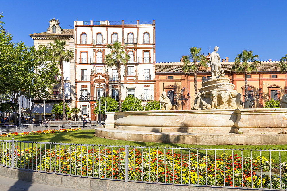 Hispalis Fountain at Puerta Jerez, Seville, Andalusia, Spain, Europe