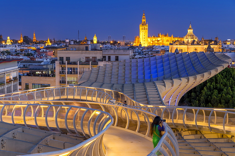 View from the top of Metropol Parasol over the city centre at dusk, Seville, Andalusia, Spain, Europe