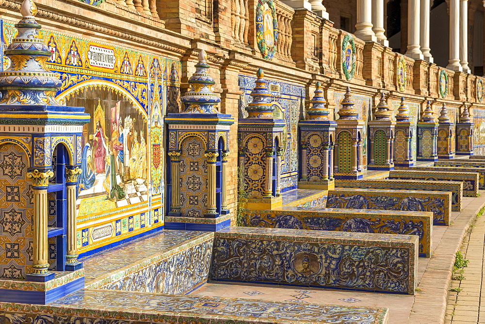 Tiled Alcoves at Plaza de Espana, Seville, Andalusia, Spain, Europe