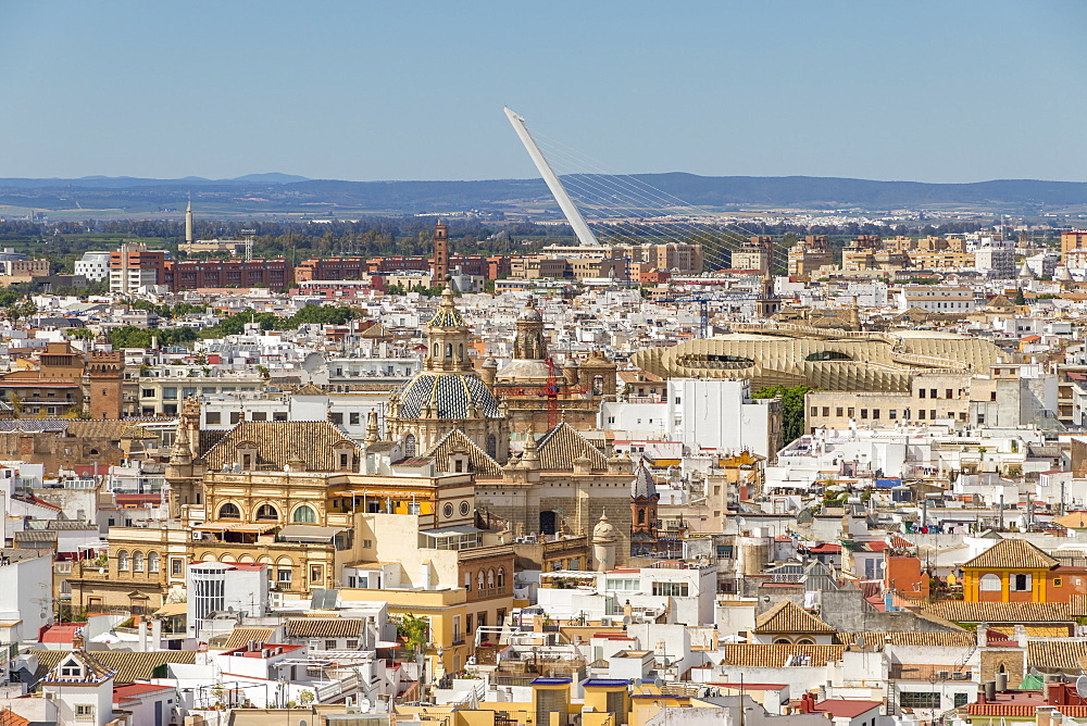 View from the Giralda Bell Tower to El Salvador Church, Metropol Parasol and Alamillo Bridge, Seville, Andalusia, Spain, Europe