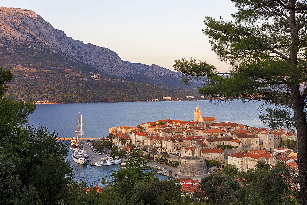 View from a lookout over the old town of Korcula, Croatia, Europe