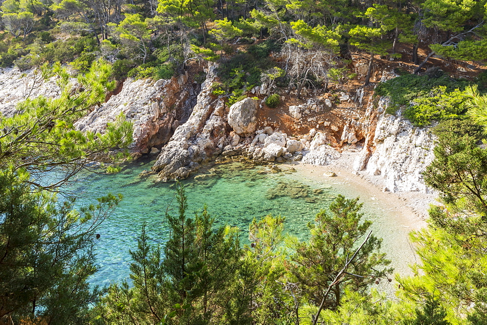 Elevated view over Piscena Beach on Hvar Island, Croatia, Europe