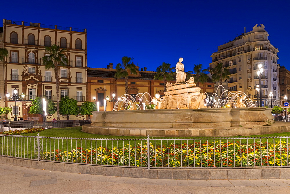 Hispalis Fountain at Puerta Jerez, Seville, Andalusia, Spain, Europe