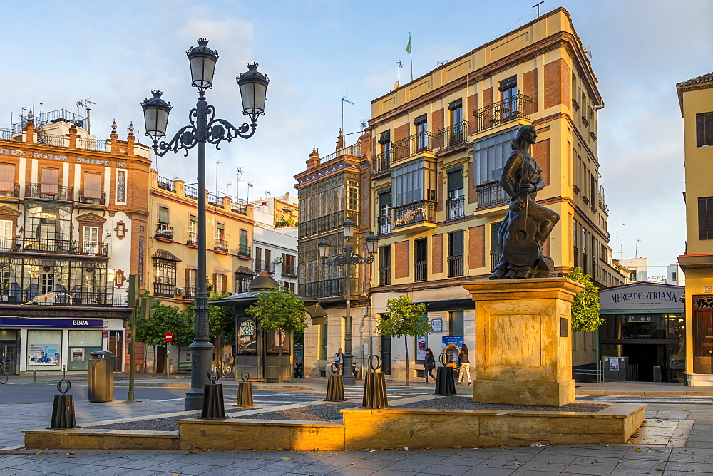 Triana al Arte flamenco monument at first sunlight, Triana Neighborhood, Seville, Andalusia, Spain, Europe