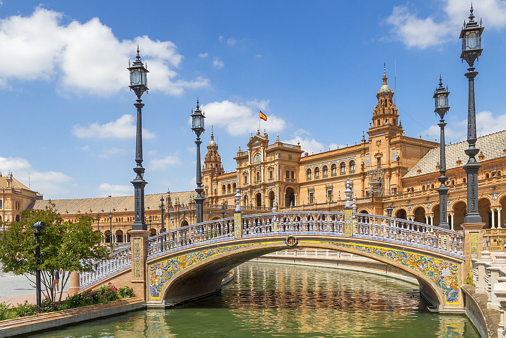 Pedestrian bridge and main building at Plaza de Espana, Seville, Andalusia, Spain, Europe