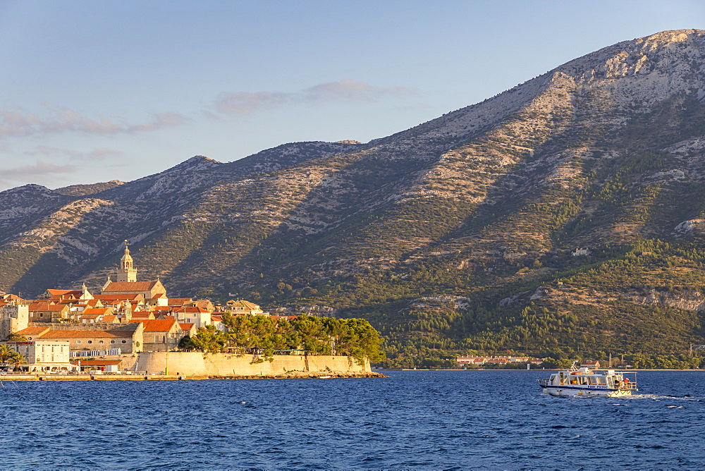 View to the old town of Korcula and the Peljesac Peninsula, Korcula, Croatia, Europe