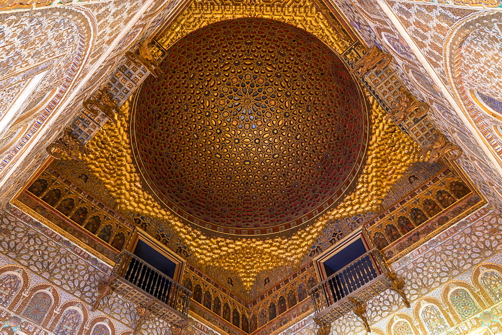 Ceiling in the Hall of the Ambassadors inside the Royal Alcazars, UNESCO World Heritage Site, Seville, Andalusia, Spain, Europe