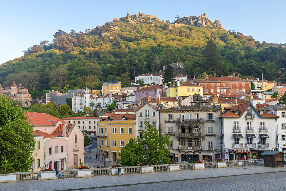 Old town of Sintra with view to the Moorish Castle atop the surrounding hills, Sintra, Portugal, Europe