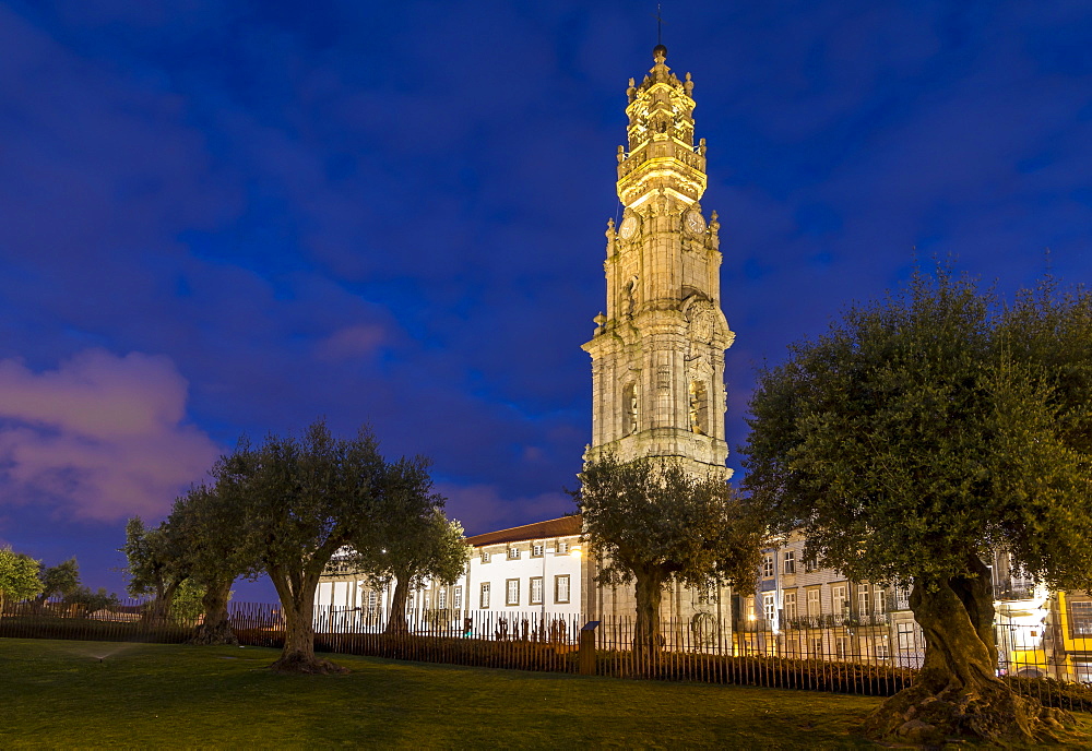 The bell tower of the Clerigos Church at dusk, Porto, Portugal, Europe