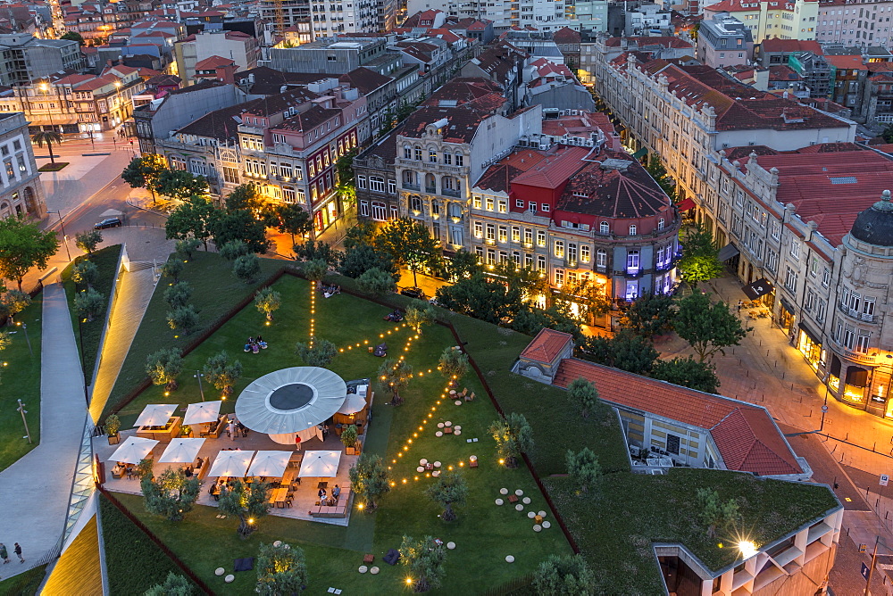 Lisbon Square seen from the bell tower of Clerigos Church at dusk, Porto, Portugal, Europe