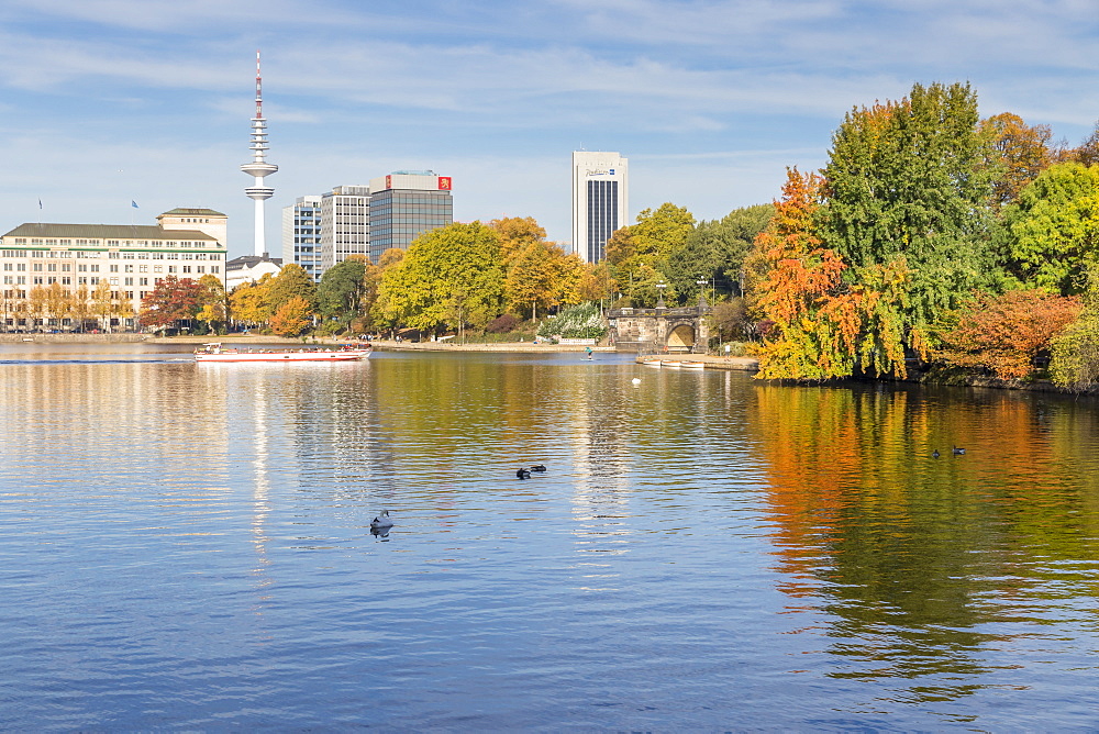 The Inner Alster (Binnenalster) with view to the Fernsehturm (Television tower) during autumn, Hamburg, Germany, Europe