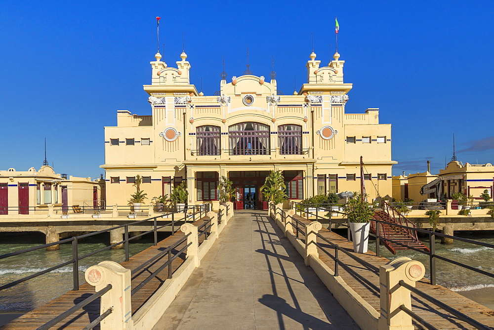 The Antico Stabilimento Balneare building (also known as 'Charleston') at Mondello borough, Palermo, Sicily, Italy, Europe