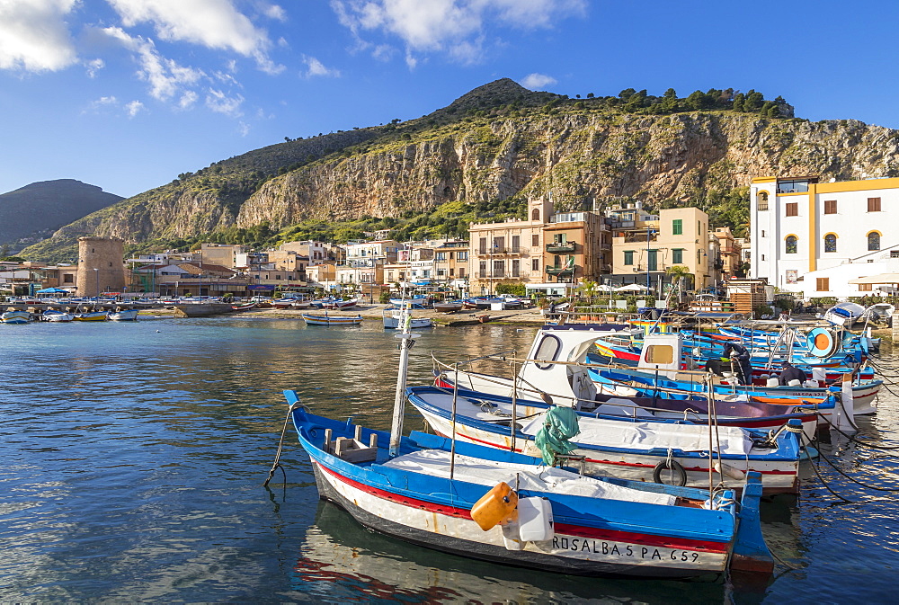 Colourful boats anchoring at the port of Mondello with view to Mount Gallo in the background, Palermo, Sicily, Italy, Europe