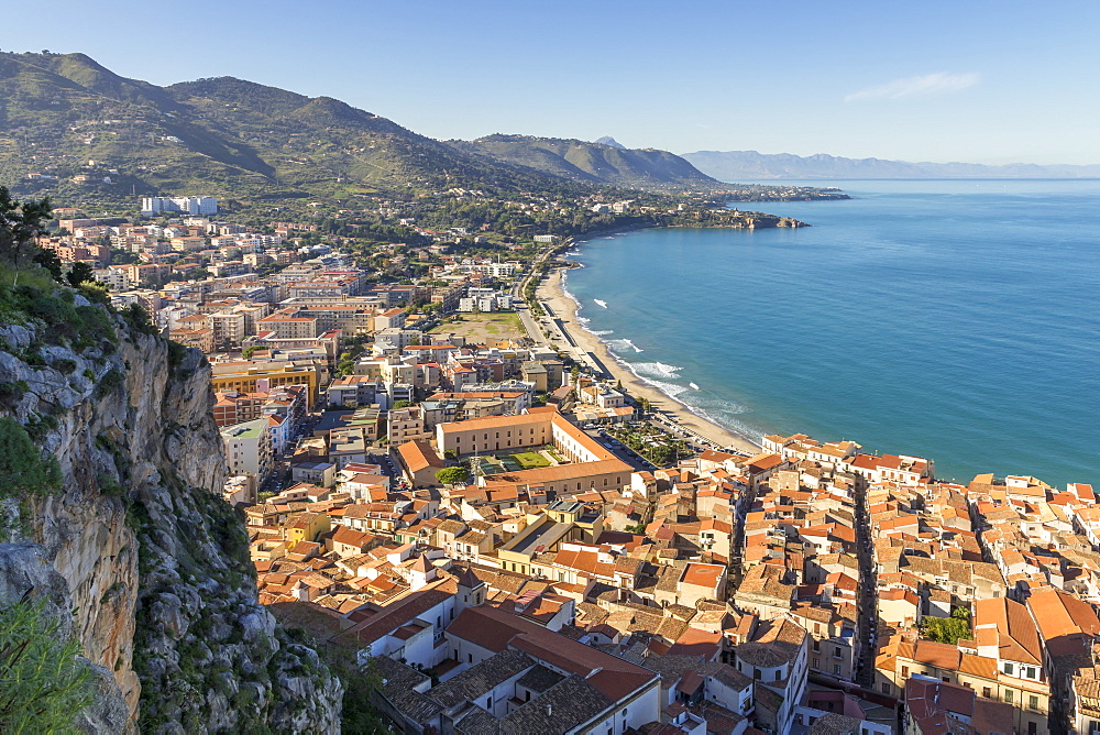 View from Rocca di Cefalu over the town and the beach, Cefalu, Sicily, Italy, Europe