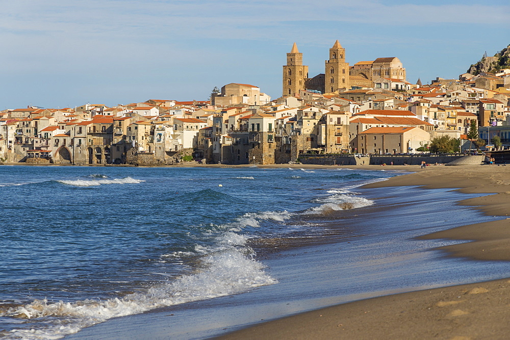 The cathedral and the old town seen from the beach, Cefalu, Sicily, Italy, Europe