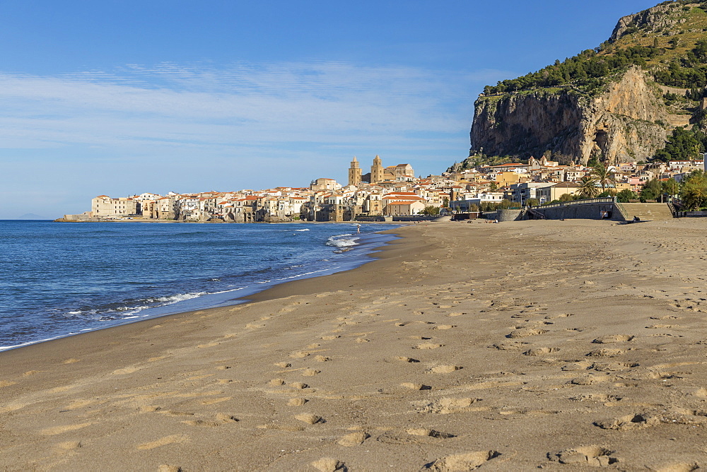 The cathedral and the old town seen from the beach, Cefalu, Sicily, Italy, Europe