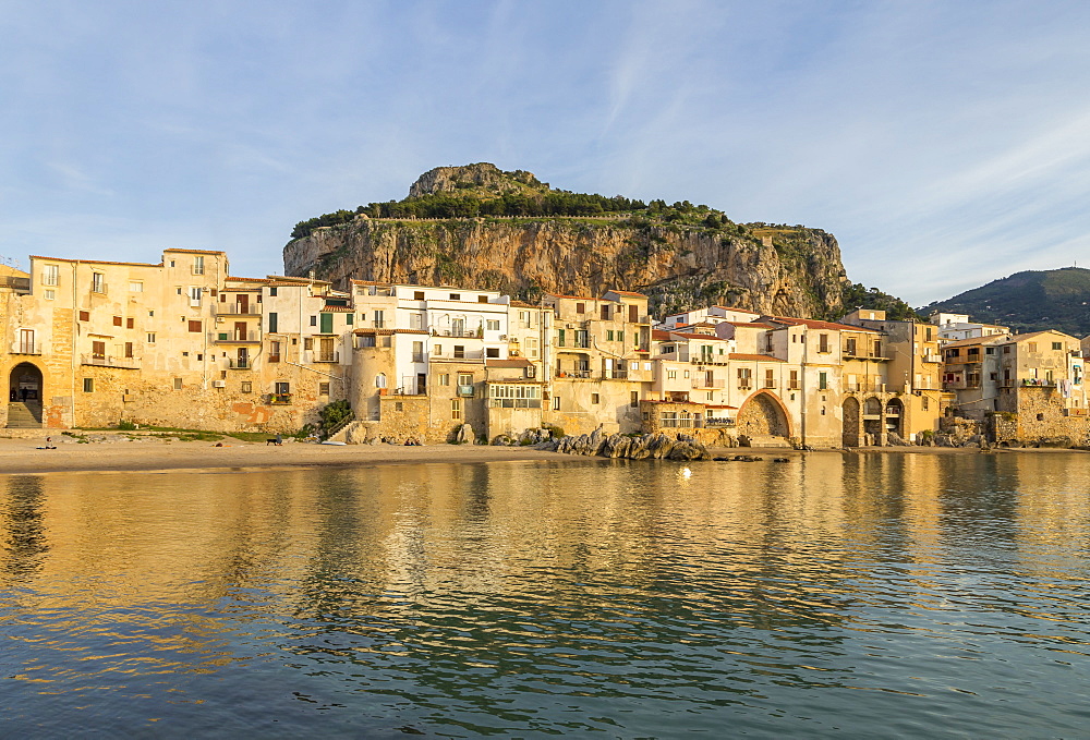 The old town of Cefalu with Rocca di Cefalu in the background, Cefalu, Sicily, Italy, Europe