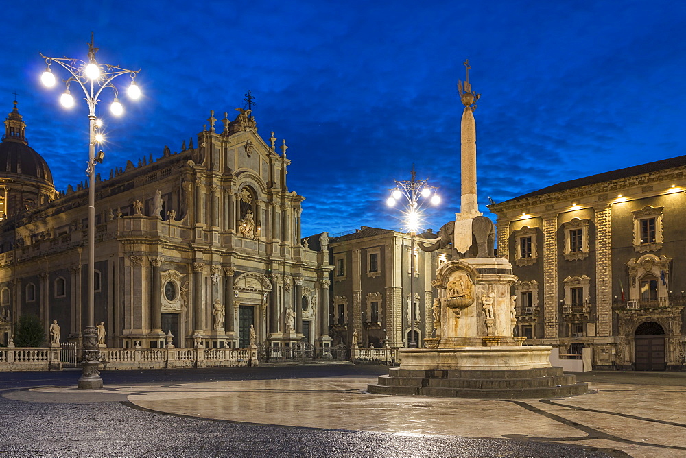 The illuminated cathedral during blue hour, Catania, Sicily, Italy, Europe