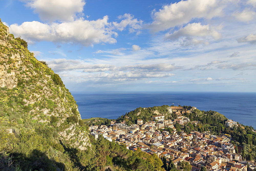 View from Madonna della Rocca church down to the city centre, Taormina, Sicily, Italy, Europe