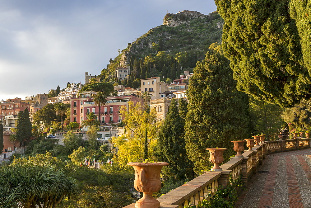 View from the public garden Parco Duca di Cesaro, Taormina, Sicily, Italy, Europe