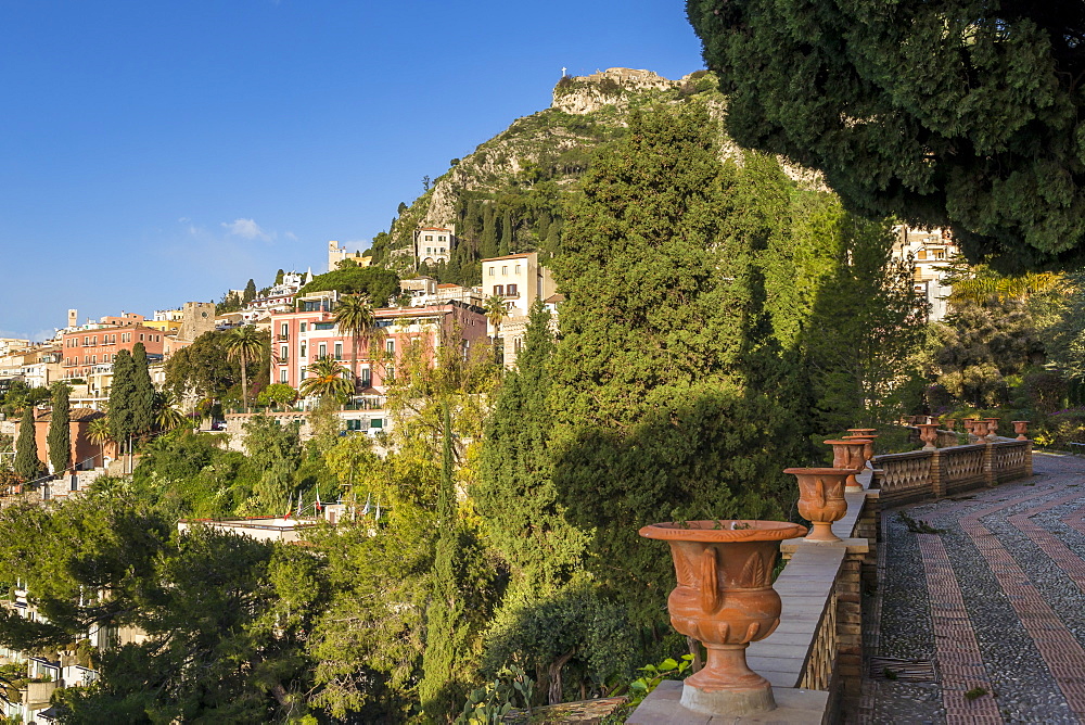 View from the public garden Parco Duca di Cesaro, Taormina, Sicily, Italy, Europe