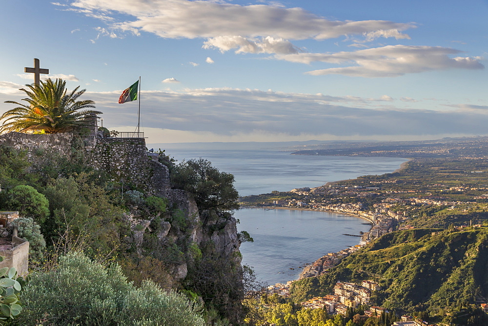 View from Madonna della Rocca church down to Giardini-Naxos, Taormina, Sicily, Italy, Europe